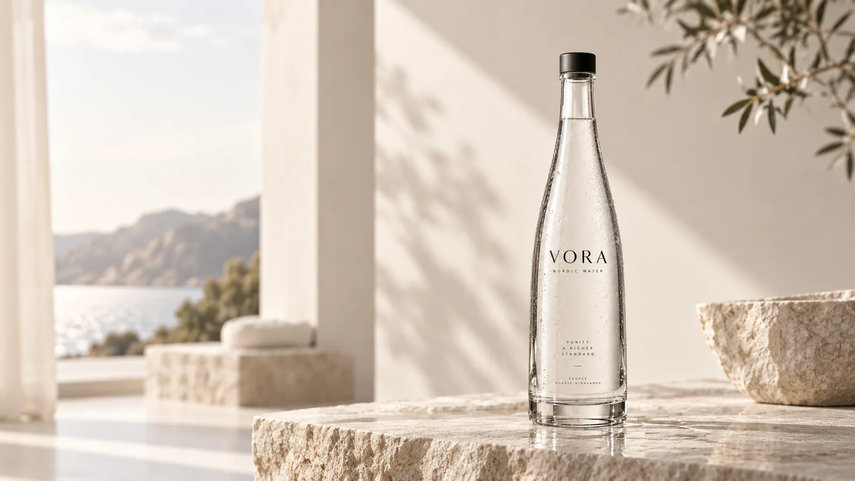 En VORA-flaske på lys natursten i et varmt, solbelyst rum